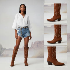 Tuhoomall Western Knee-High Boots for Fashion Casual Style with Embroidered Design and Chunky Heel, Ideal for Ranch and Outdoor Activities