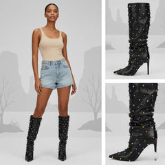 Tuhoomall Wrinkled Western Knee High Boots for Women with Pointed Toe, Sparkling Accents, Ideal for Fashionable Casual Outdoor Wear