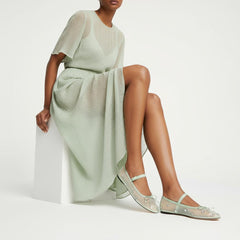 Tuhoomall Comfortable Rhinestone Ballet Flats for Women - Casual Blue Mesh Slip-On Shoes with Low Heel and Round Toe