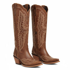 Tuhoomall Western Knee-High Cowgirl Boots with Chunky Heel and Floral Embroidery for Outdoor Fashion and Casual Wear
