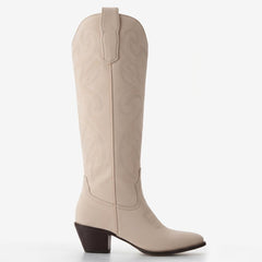 Tuhoomall Western Style Knee-High Boots with Embroidery, Casual Faux Suede, 5cm Chunky Heel, Perfect for All Seasons and Everyday Wear