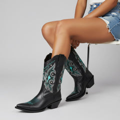 Tuhoomall Western Ankle Boots with Rhinestone Details, Faux Leather Lining, 2.36โ Heel, Embroidered Design for Casual and Performance Events