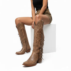 Tuhoomall Fringe Western Knee High Boots for Women, Soft Vegan Suede, Embroidered Design, Perfect for Vintage, Casual, and Party Wear