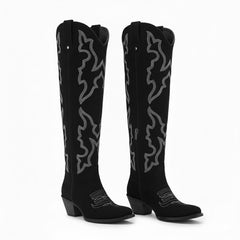 Tuhoomall Western Knee-High Boots with Elegant Embroidery, Stylish Mid Heel for Casual and Office Wear, Durable Faux Suede Leather, All-Season Fashion