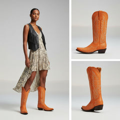 Tuhoomall Western Cowgirl Knee-High Boots, Chunky Heel, Embroidered Floral Design, Slip-On Style for Parties and Casual Outings