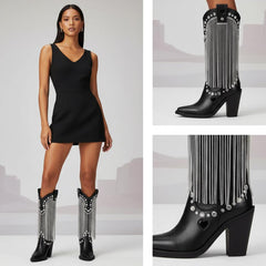 Tuhoomall Chunky Heel Western Rhinestone Booties with Fringes for Fashion Events, Pointed Toe, Slip-On Style, All-Day Comfort, Eye-Catching Design