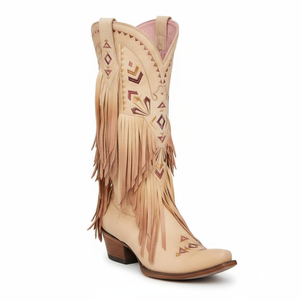 Tuhoomall Western Cowgirl Mid Calf Boots - Snip-Toe, Chunky Heel, Embroidered Fringe Design for Outdoor Style Tuhoomall