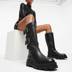 Tuhoomall Comfortable Mid-Calf Boots with Adjustable Metal Buckle for Casual Outdoor Fashion - Rubber Sole, Round Toe, All-Season