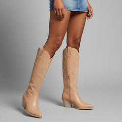 Tuhoomall Cowgirl Mid Calf Boots, Chunky Heel, Pointed Toe, Stylish Embroidery, Casual All Season Footwear