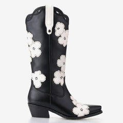 Tuhoomall Western Cowboy Boots, Floral Embroidery, Chunky Heel, Zipper Closure, Mid-Calf Height, All-Season Fashion Tuhoomall