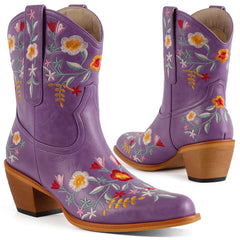 Tuhoomall Stylish Western Ankle Boots with Floral Embroidery, Rubber Sole, Chunky 5cm Heel for Classic and Casual Looks