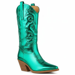 Tuhoomall Comfortable Western Boots for Women – 6cm Low Chunky Heel, Slip-On Design with Floral Embroidery - Fashionable All-Season Style