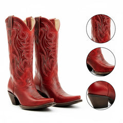 Tuhoomall Retro Embroidered Slip-On Mid Calf Chunky Heel Boots for Party Performance