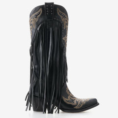 Tuhoomall Western Cowgirl Boots, Chunky Heel Mid Calf Slip-On, Fringe & Studded Design for Fashionable Outdoor Events Tuhoomall