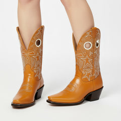 Tuhoomall Western Cowboy Ankle Boots with Embroidery, Chunky Heel for Fashion, Casual, Party and Dance, All Seasons, Closed Toe Design