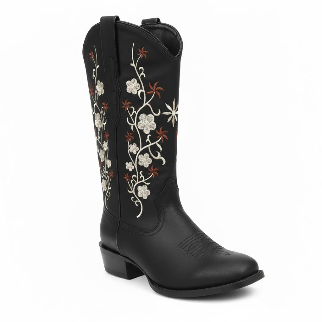 Tuhoomall Comfortable Western Boots for Women with Embroidery, Rubber Sole, Chunky 5cm Heel - Fashionable Casual Footwear for All Seasons Tuhoomall