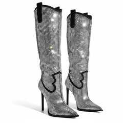 Tuhoomall Knee-High Stiletto Boots for Parties, Fashion Shows, Pointed Toe Design with Rhinestones, Slip-On, Faux Suede, Glamorous Look, All Seasons Tuhoomall