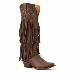 Tuhoomall Western Knee-High Cowboy Boots, Chunky Heel, Fringe & Studs, Retro Style, Casual Wear, All Seasons