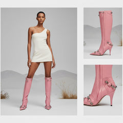 Tuhoomall Comfortable Knee-High Fashion Boots with Zip and Studded Design, 10cm High Heel for Parties, Weddings, and Everyday Stylish Looks