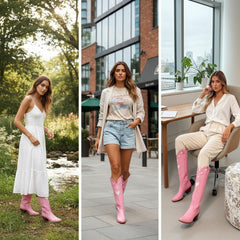 Tuhoomall Western Knee High Boots With Rubber Sole, 5cm Chunky Heel, Embroidered Sweet Pink Hearts For Casual Fashion All Year Round