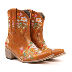 Tuhoomall Stylish Western Ankle Boots with Floral Embroidery, Rubber Sole, Chunky 5cm Heel for Classic and Casual Looks