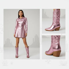 Tuhoomall Comfortable Western Boots for Women – 6cm Low Chunky Heel, Slip-On Design with Floral Embroidery - Fashionable All-Season Style