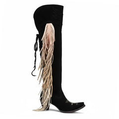 Tuhoomall Western Over Knee Boots with Fringe and Heart Pattern, Block Heel 2.76in, Zipper Closure, Faux Suede for Fashionable Boho Lifestyle