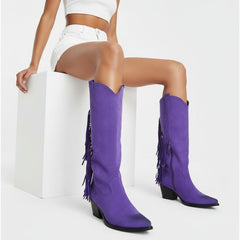 Tuhoomall Western Style Mid-Calf Boots with Tassels, Casual Fashion Footwear, Chunky Heel, Faux Suede, Zipper Closure, All-Season Design