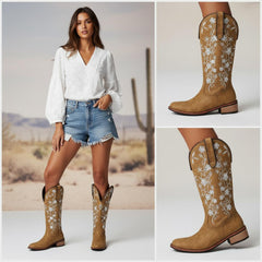 Tuhoomall Comfortable Western Boots for Women - Floral Embroidered Design, Slip-On Style, Outdoor Fashion - Perfect for Everyday Wear