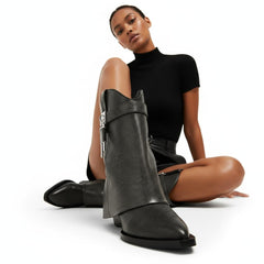 Tuhoomall Chic Almond Toe Ankle Boots with Metal Buckle, Slip-On, Wedge Heel for Fashion Parties and Casual Outings, All-Season Comfort