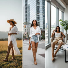 Tuhoomall Western Knee High Boots for Women, Floral Embroidery, Rubber Sole, Adjustable Buckle, Chunky Heel, All-Season Casual Wear