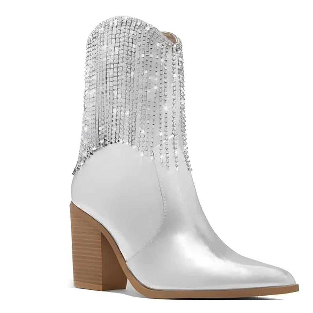 Tuhoomall Stylish Chunky Heel Ankle Boots with Rhinestone Tassels, Pointed Toe, Zipper Closure, Perfect for Parties and Travel Tuhoomall