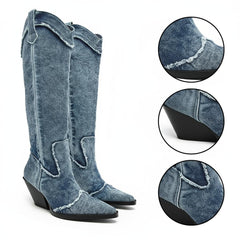 Tuhoomall Western Style Knee High Boots for Women, Retro Chunky Heels, Distressed Denim, Chic Pointed Toe, All-Season Slip-On Comfort