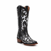 Tuhoomall Mid-Calf Western Boots with Glitter Inlays and Rivets for Casual Parties and Performances Tuhoomall