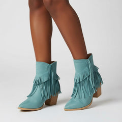 Tuhoomall Western Ankle Boots for Women, Fringed Design, Casual Fashion, Chunky Heel 2.36 in, Zipper Closure, All-Season Comfort