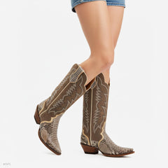 Tuhoomall Western Style Knee-High Women's Boots, Comfortable Snip Toe, Embroidered Snake PU, Ideal for Travel, Casual, Parties, All-Season Wear