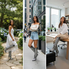 Tuhoomall Knee-High Stiletto Boots for Parties, Fashion Shows, Pointed Toe Design with Rhinestones, Slip-On, Faux Suede, Glamorous Look, All Seasons