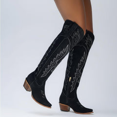 Tuhoomall Faux Suede Knee High Western Boots with Embroidered Eagles for Fashion, Travel, and Parties, 2.36 in Chunky Heel