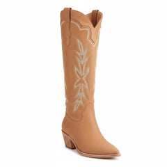 Tuhoomall Embroidered Western Chunky Heel Boots for Women - Pointed Toe, Zipper Closure, Mid-Calf Height, Stylish Vegan Leather, Perfect for All Seasons