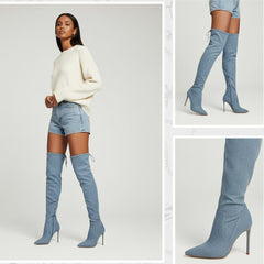 Tuhoomall Stiletto Over-The-Knee Boots for Women, Pointed Toe Denim Fabric, 4-Inch Heel, Fashionable Party & Performance Wear