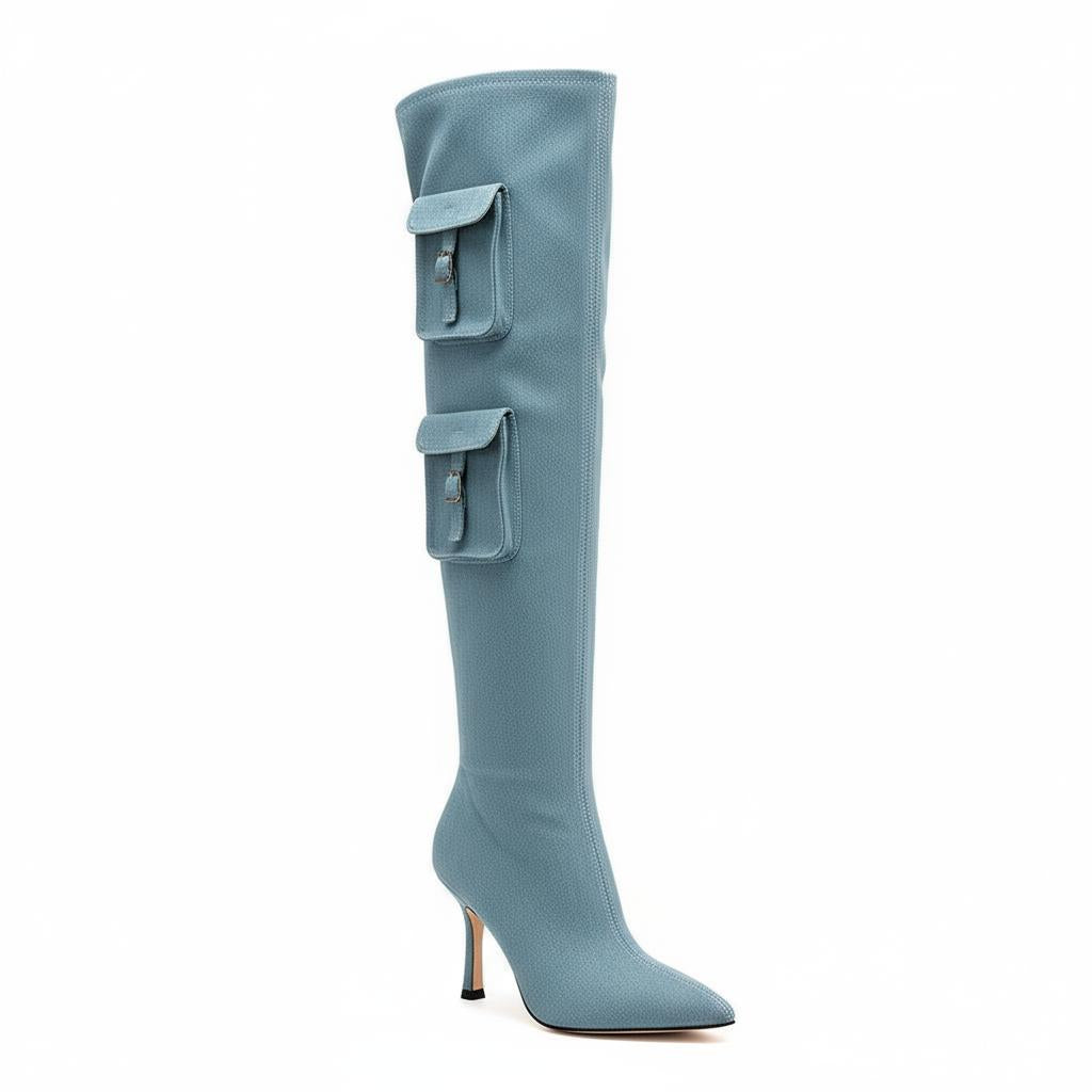 Tuhoomall Over-The-Knee Fashion Boots for Women, High Heels 9.5cm, Zipper Closure, Solid Color with Pocket and Metal Buckle, Perfect for Parties and Performances Tuhoomall