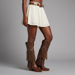 Tuhoomall Western Knee-High Cowboy Boots, Chunky Heel, Fringe & Studs, Retro Style, Casual Wear, All Seasons