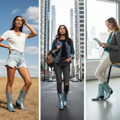 Tuhoomall Metallic Ankle Booties for Women, Chunky Block Heel, Pointed Toe, Casual Stylish Design, Vegan Leather, Embroidered Details, All Seasons