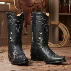 Tuhoomall Western Boots with Bullhead and Cactus Patterns, Embroidered Detail, Low Chunky Heel, All-Weather, Classic Design for Everyday Wear Tuhoomall
