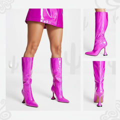 Tuhoomall Iridescent Mid Calf Stiletto Heeled Boots for Parties and Performances, Fashionable Vegan Leather, Pointed Toe, Easy Slip-On, 9.5cm Height