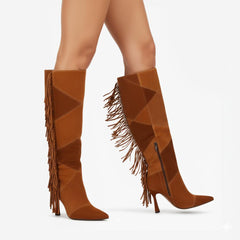 Tuhoomall Knee High High Heel Boots with Zipper, Embroidered Fringe and Geometric Patterns for Parties and Travel