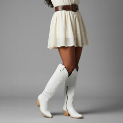 Tuhoomall Western Knee-High Boots with Elegant Embroidery, Stylish Mid Heel for Casual and Office Wear, Durable Faux Suede Leather, All-Season Fashion