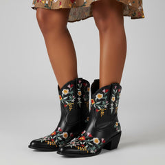 Tuhoomall Stylish Western Ankle Boots with Floral Embroidery, Rubber Sole, Chunky 5cm Heel for Classic and Casual Looks