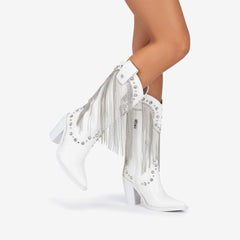 Tuhoomall Chunky Heel Western Rhinestone Booties with Fringes for Fashion Events, Pointed Toe, Slip-On Style, All-Day Comfort, Eye-Catching Design