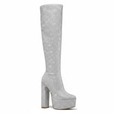 Tuhoomall Thigh High Satin Platform Boots with Chunky Heel and Rhinestone Embellishments for Parties and Special Occasions